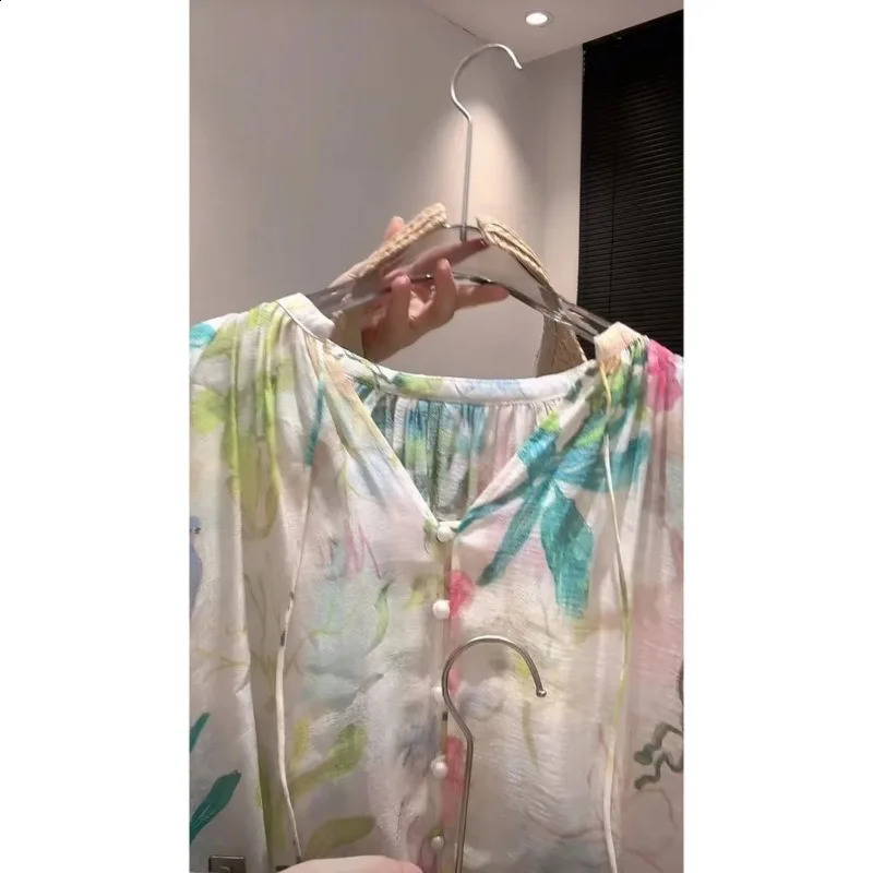 2 Piece Sets Womens Outfits Temperament Sunscreen Shirt Floral Blouse Thin Chiffon Top Wide Leg Shorts Korean Short Pant Suit 250823