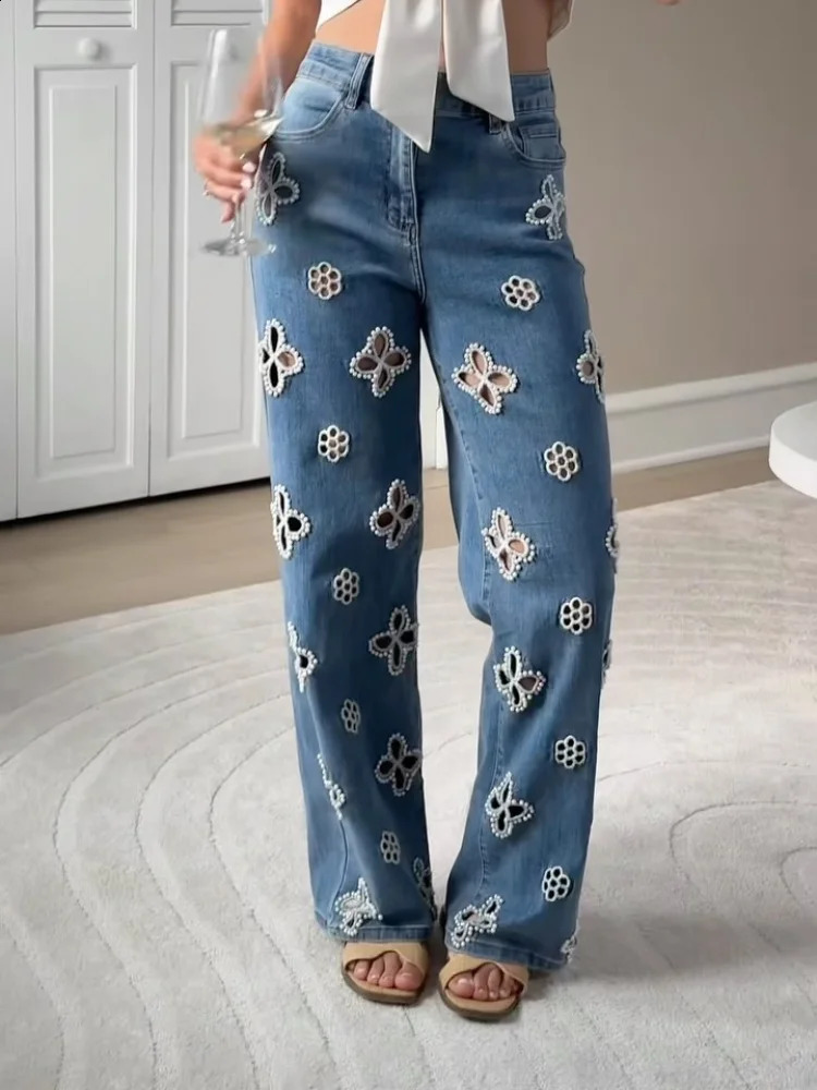 Casual Hollow Out Jeans Women High Street Solid Loose Straight Long Trousers Female Fashion Summer Autumn Lady Bottoms Z260313