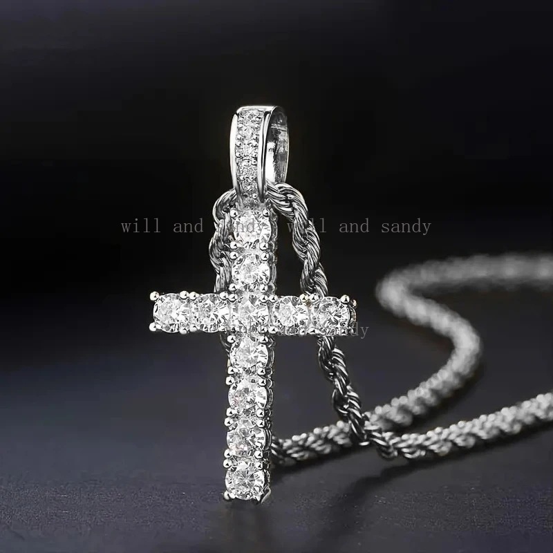 Cubic Zircon Diamond Christian Jesus Cross Necklace Charm Designer Jewelry Silver Gold Chain Iced Out Crystal Necklaces for Woman Man Believe Gift Lux