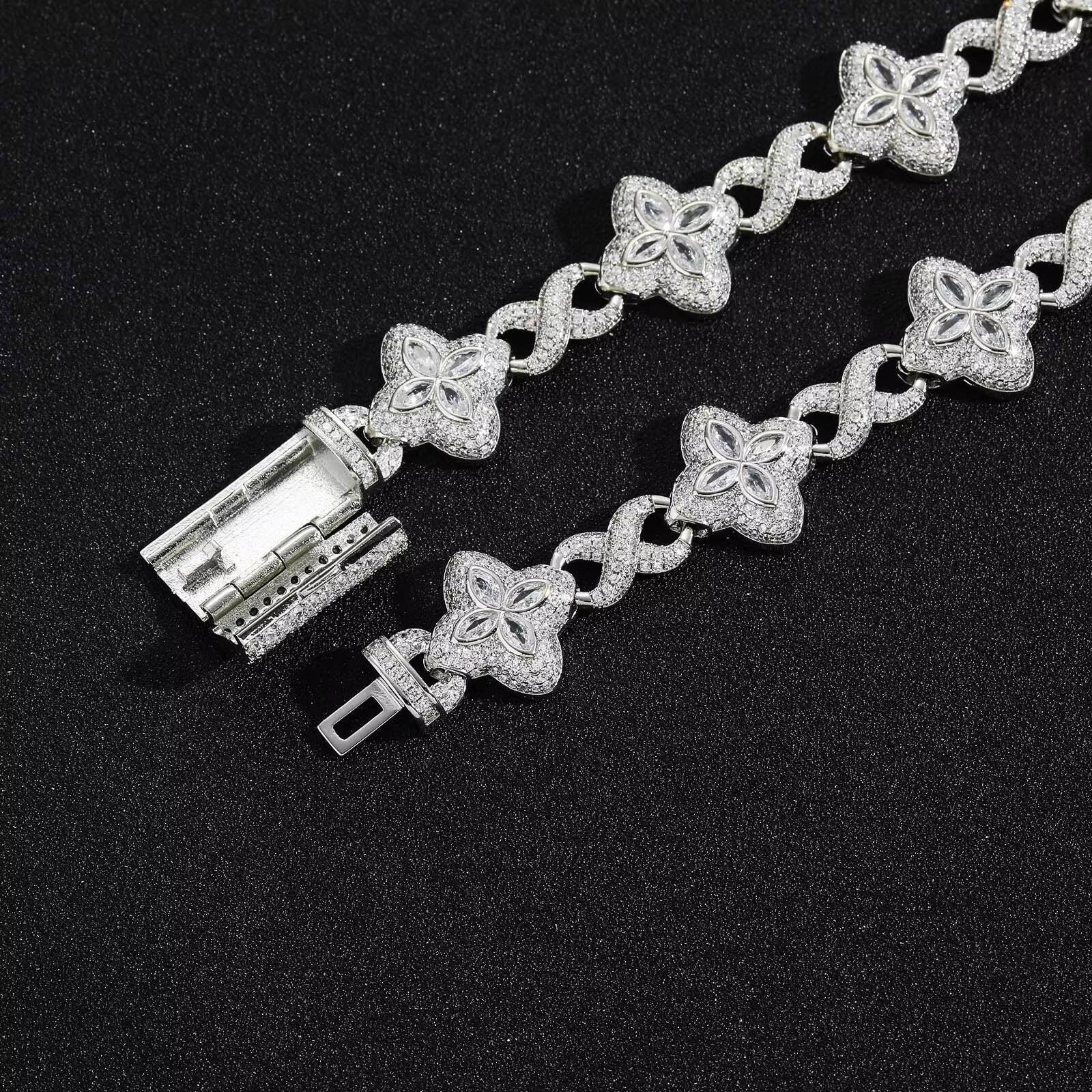 BES 18mm Ice Crack Four-Leaf Clover Bracelet; Luxury Moissanite 925 Silver Bracelet; Fashion Hip for Men and Women