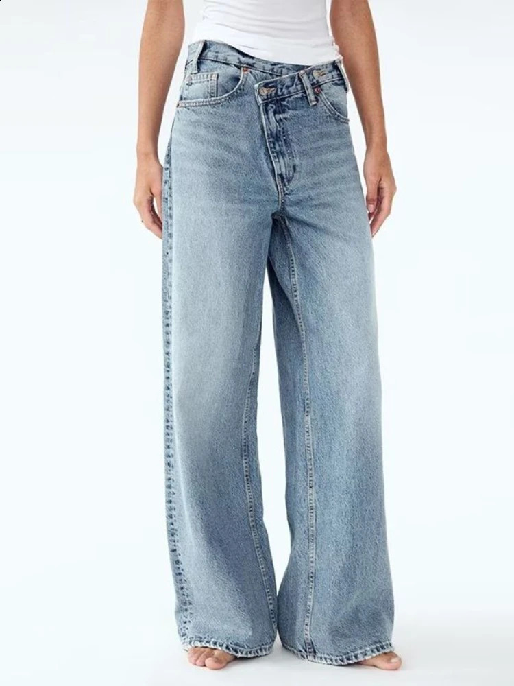 HOUZHOU Women Wide Leg Jeans Vintage Irregular Washed Denim Trousers Aesthetic Baggy Straight Asymmetrical High Waist Z260313