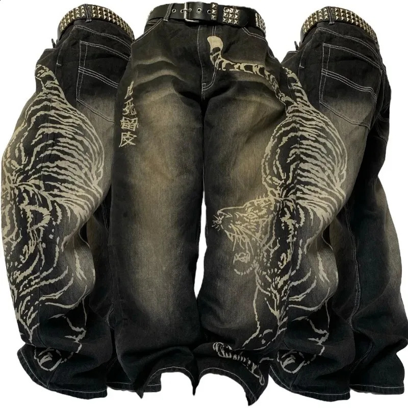 Y2K American Fashion Tiger Print Loose Jeans Women High Street Harajuku Wind Trend Casual Joker Waist Wide Leg Pants Z260313