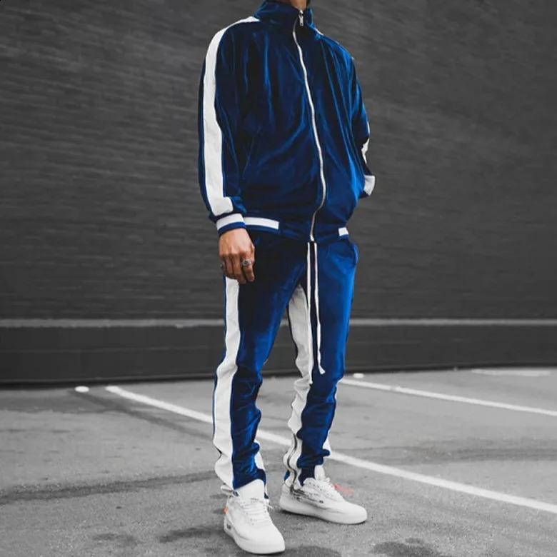 2025 Cross Border Mens Velvet Tracksuit Solid Color Contrast Trim Retro Casual Jacket Set 250822