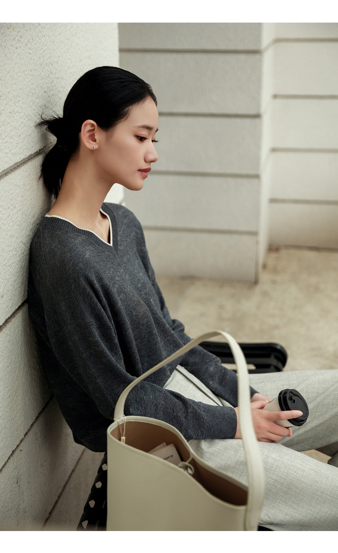 Women's V-neck Knitted Sweater - Stylish Wool Blend Long Sleeve Pullover for Fall/Winter - A40518