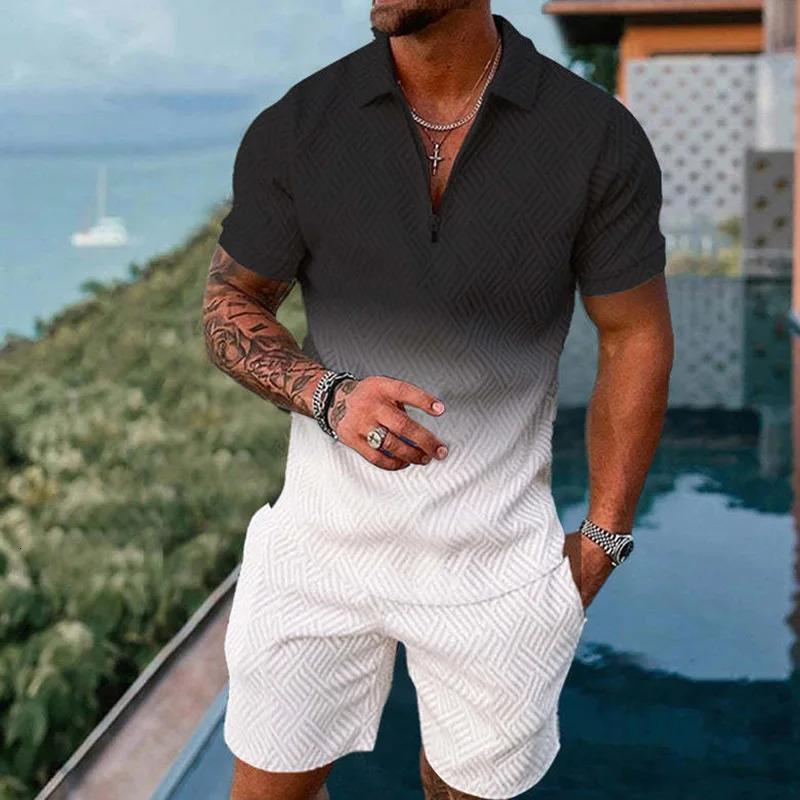 Solid Color Gradient Print Mens Sweatsuit Set Summer Casual Zipper Polo Shirt And Shorts 2pcs Sets Trend Man Pullover Clothing 250822