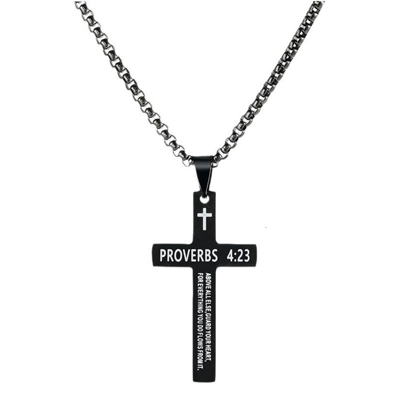 Stainless Cross Necklace Titanium Steel Pendant Laser Engraved Simple Black