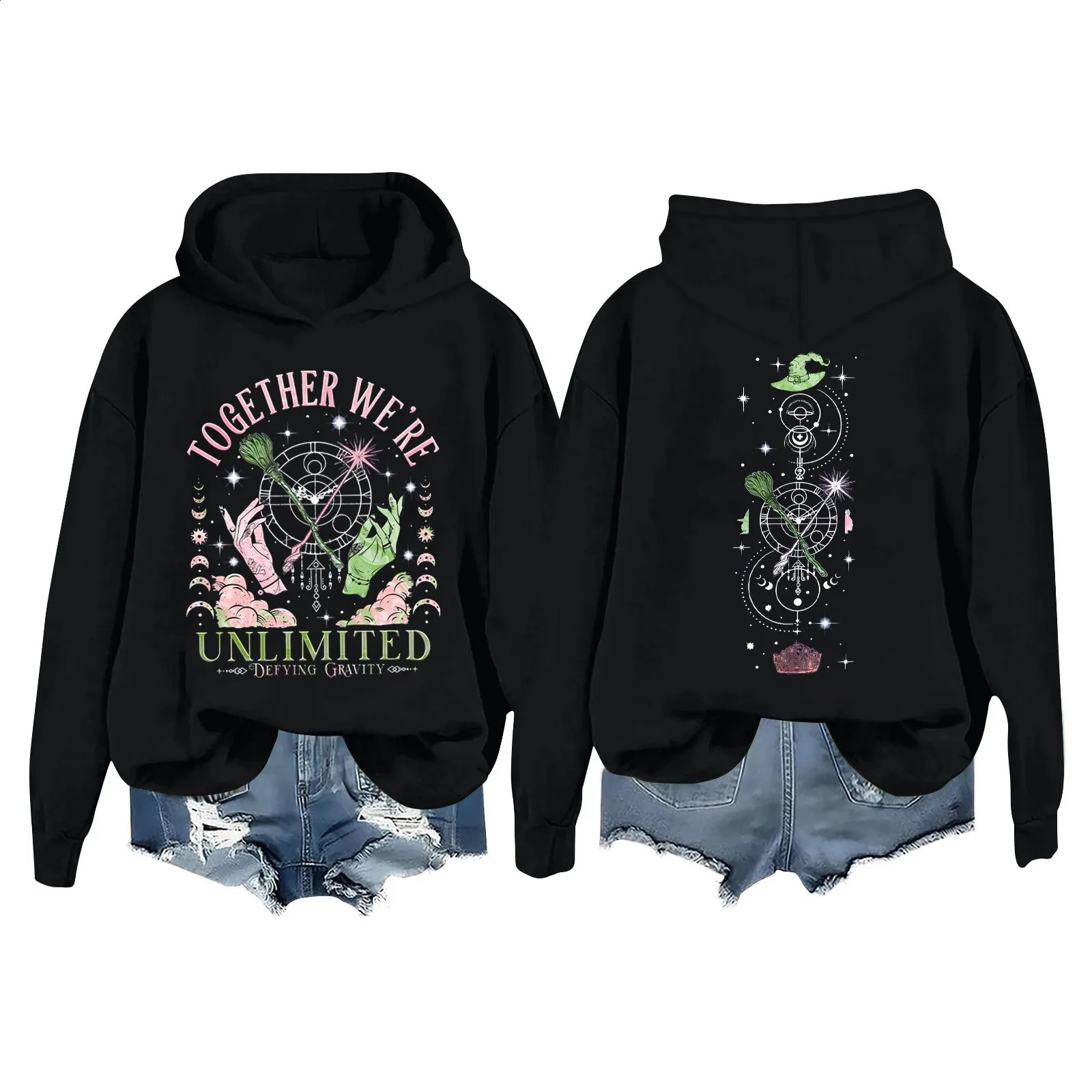 Womens Wicked Movie Fan Graphic Hoodie Winter Casual Fashion Long Sleeve Pullover Witch Print Hooded Sweatshirt y2k clothes 250823