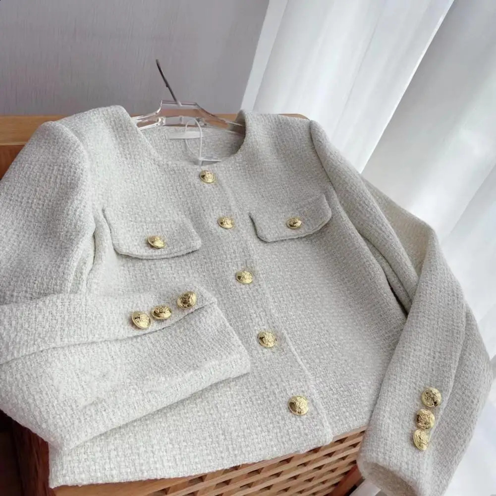 Round Neck Jacket Stylish Singlebreasted Womens Coat for Fall Spring Long Sleeves Cardigan in Solid Color Loose Fit Dating 250822