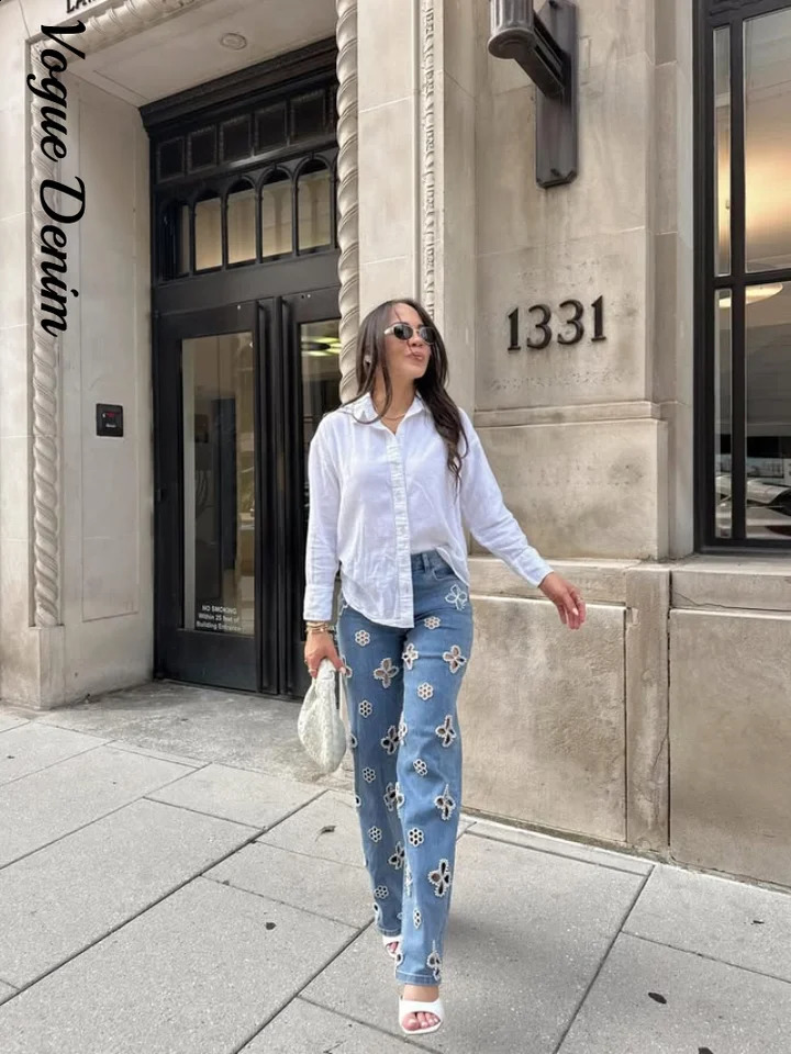 Casual Hollow Out Jeans Women High Street Solid Loose Straight Long Trousers Female Fashion Summer Autumn Lady Bottoms Z260313