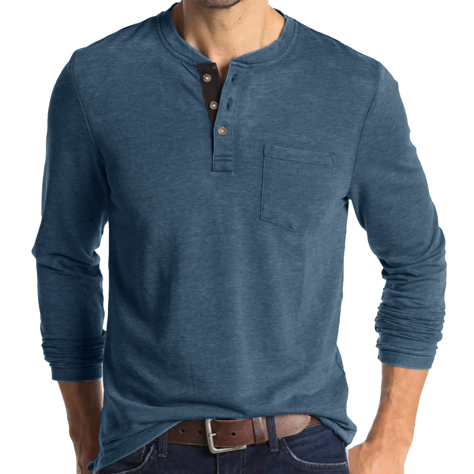 Men's Henley Long Sleeve Shirt, Light Brown Casual Cotton Tee with Chest Pocket