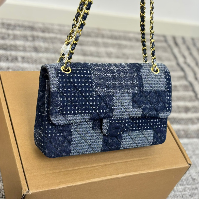 Color Blocking Denim Chain Cross Body Square Shoulder Bags Double Flap Quilted Handbag With Gold Chains Crossbody Bag Card Holder Wallet Purse 25x15cm