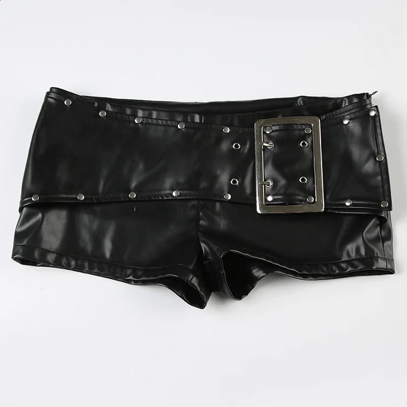 Sexy Rivet Buckle Belt Low Waist Leather Shorts for Women Y2k Spice Girl Punk Style Autumn 2025 250823