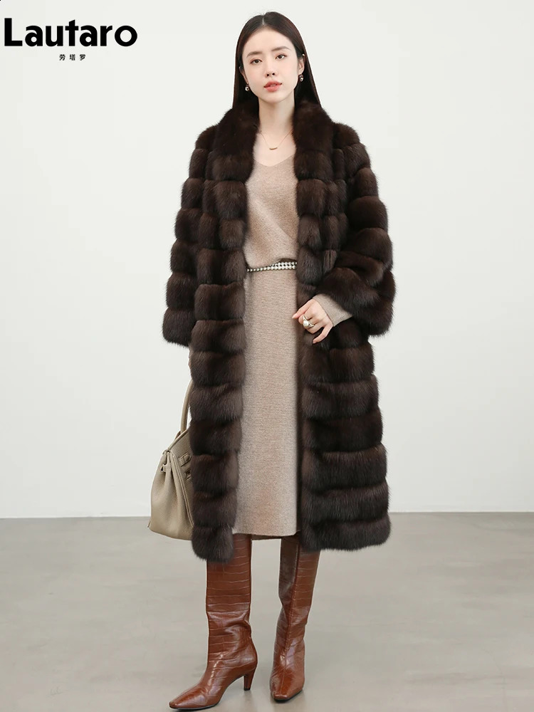 Lautaro Autumn Winter Elegant Chic Long Thick Warm Faux Sable Fur Coat Women Shawl Collar High Quality Fluffy Overcoat 250823