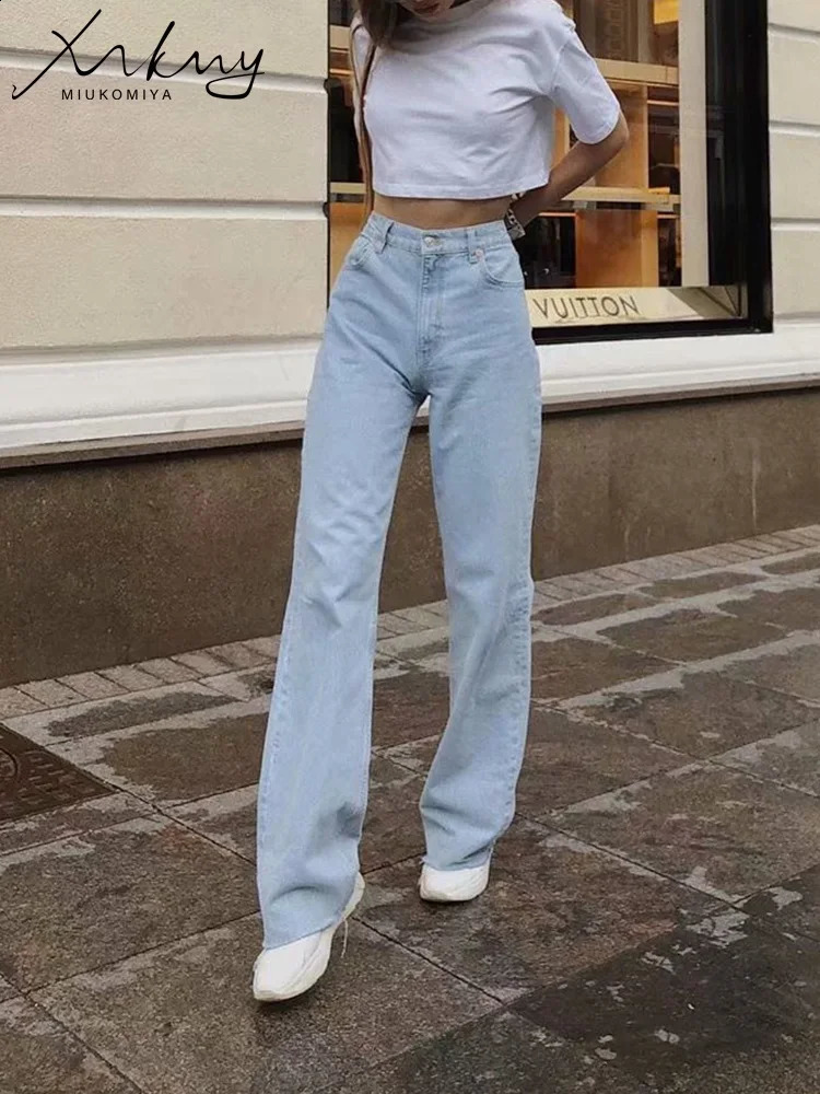 MiuKoMiYa Straight Jeans Women High Waist Streetwear Light Blue Boyfriend Denim Pants Ladies Wide Leg White For Z260313