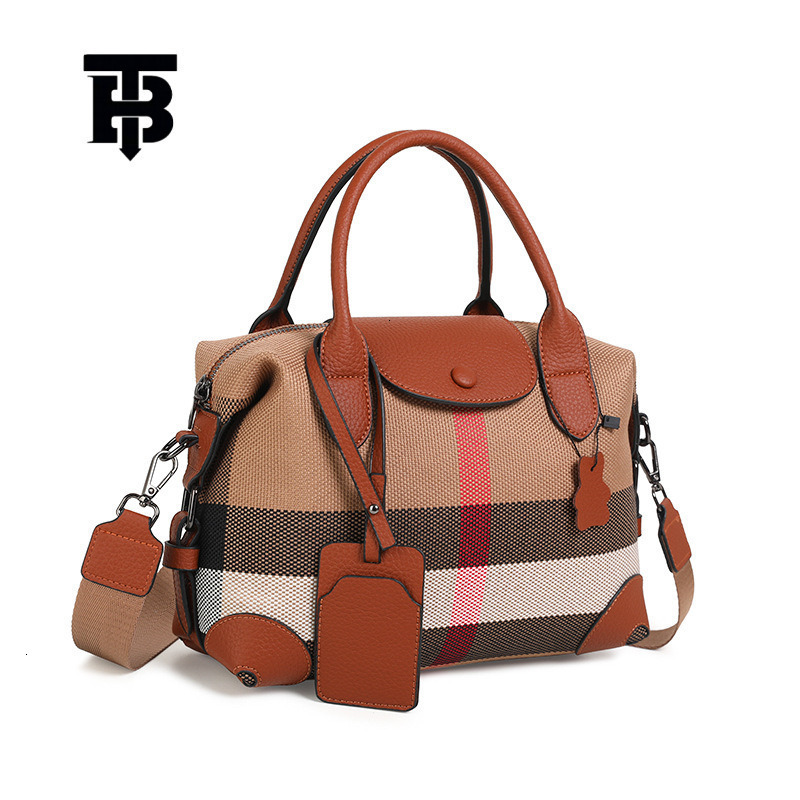 TB BHULAMTE Free Shipping Designer Luxury Women's Plaid Canvas Leather Splicing Versatile Handbag Fashion Flip Shoulder Crossbody Bag Shopping Ba