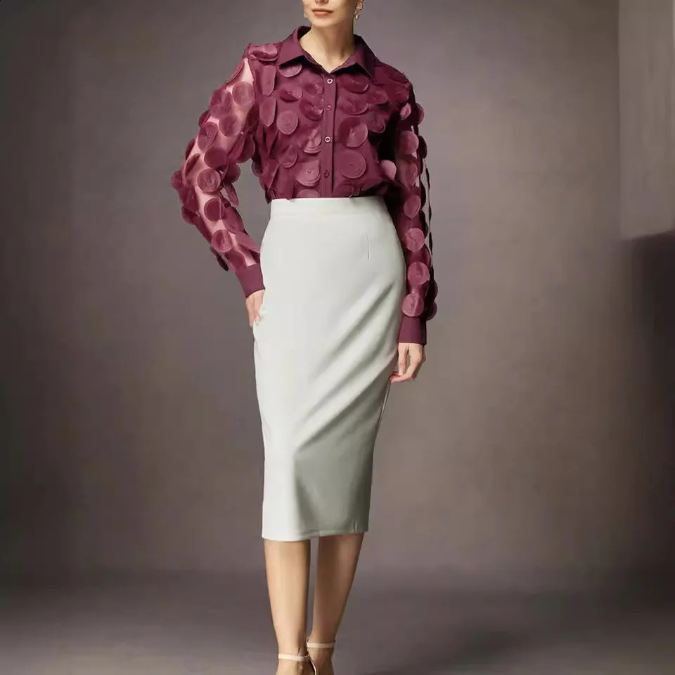 Spring Autumn Top For Women Elegant Three-dimensional Flowers Transparent Thin Chiffon Shirt Long Sleeve 250823