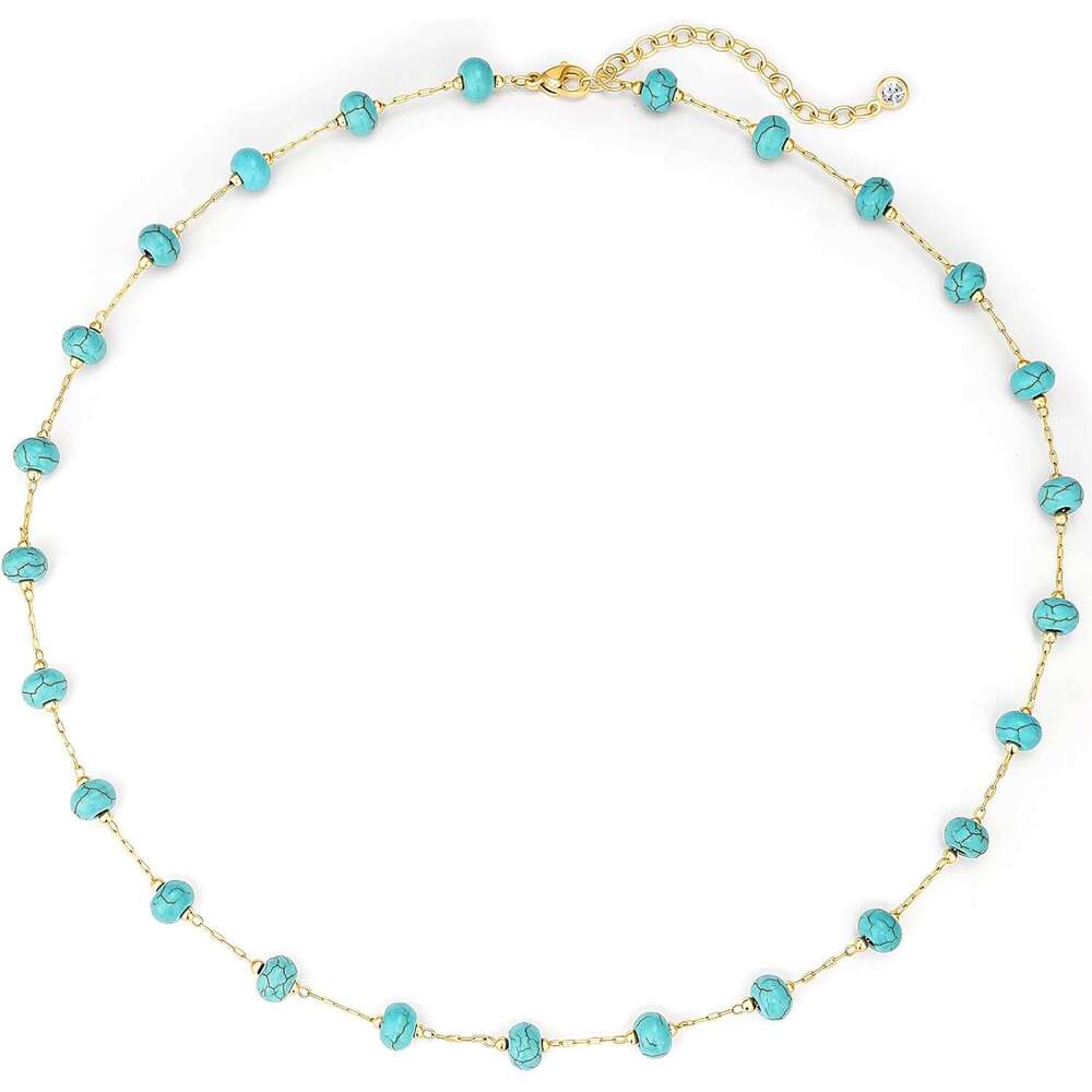 Created Turquoise Necklace for Women 14K Gold Plated Beaded Heart Choker Boho Necklaces Handmade Beach Summer Everyday Western Jewelry Gifts