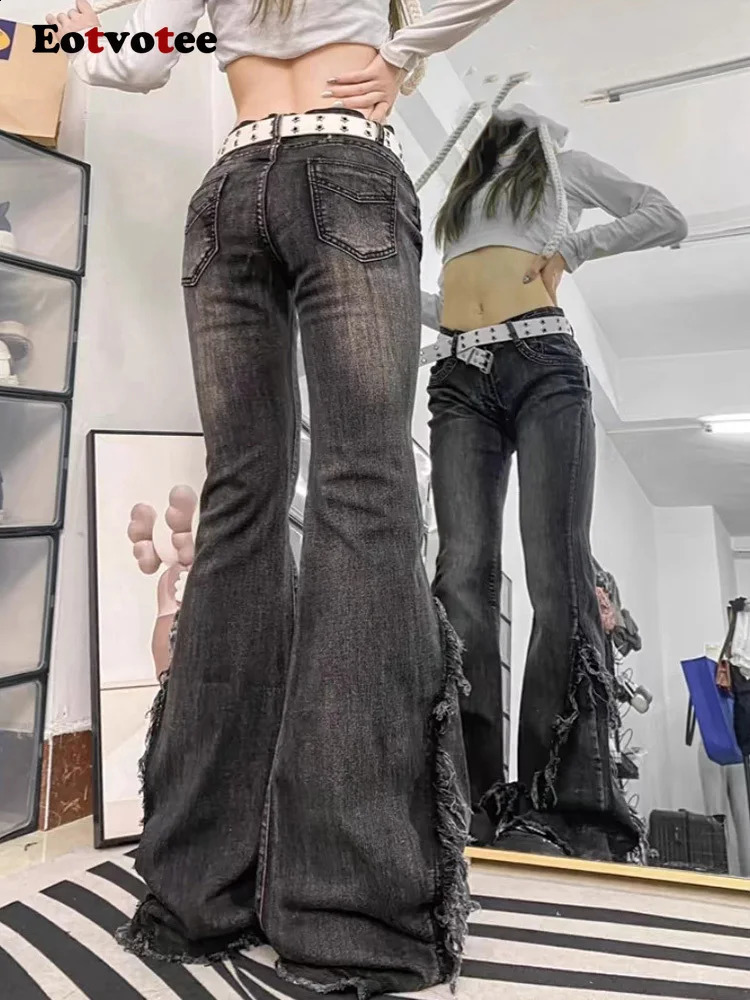 EOTVOTEE American Style Black Washed Flare Jeans Women Y2k Fashion High Waist Straight Pant Casual Wide Leg Z260313