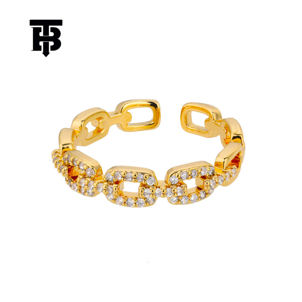 TB BHULAMTE European And American Fashion New Zirconia Inlaid Chain Geometric Ring 18K Light Luxury Designer Adjustable Open Women's Ring Jewelry