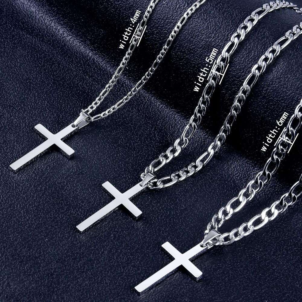 for Men - Stainless Steel Sier/Gold Plain Cross Pendant Necklace Simple Jewelry Gifts, 24 Inches 3:1 Figaro Link Chain 4/5/6mm Width
