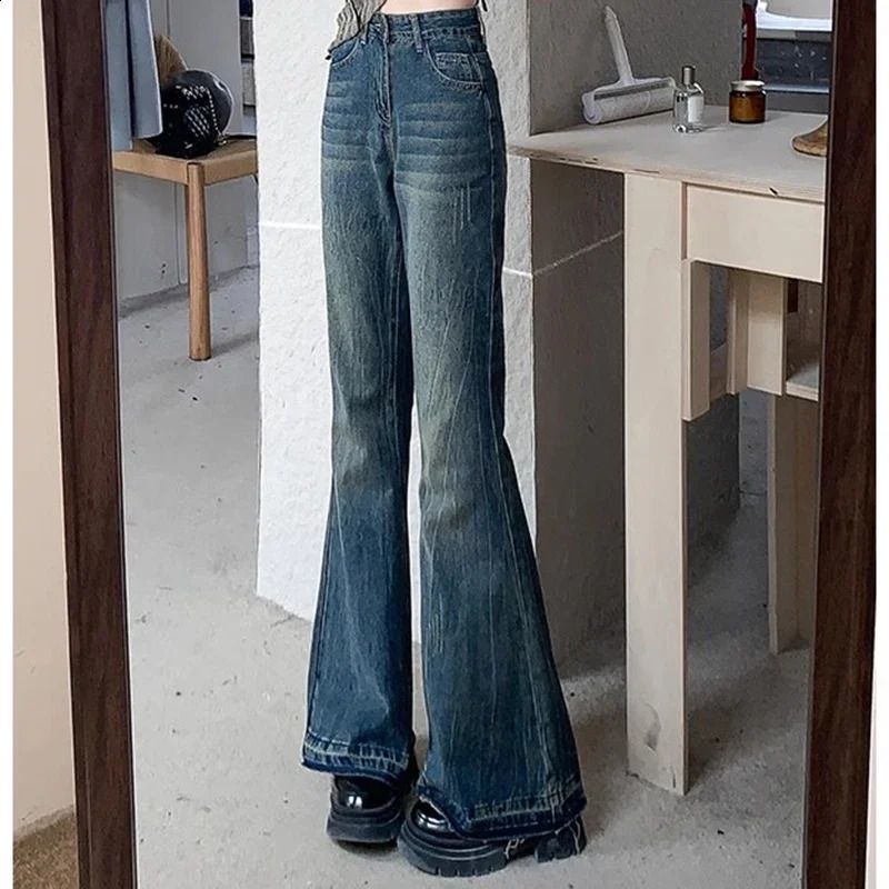 Woman High Waist Vintage Casual Flare Jeans Elastic Slim Fit Bell Bottom Pants Lady Blue Black Grey Denim Trousers Z260313