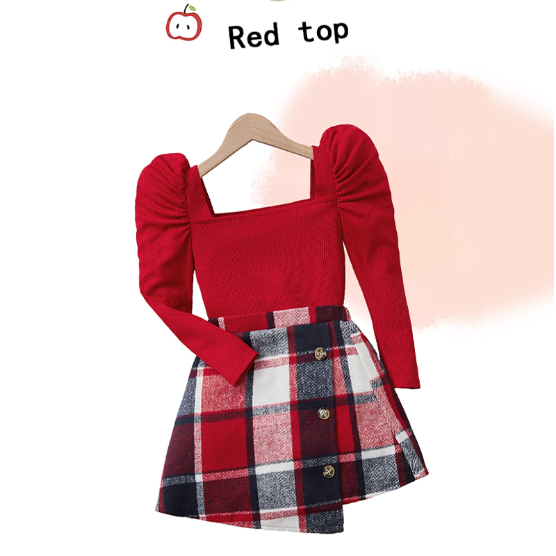 Autumn Girls' High Neck Bubble Sleeve Top with A-Line Plaid Skirt Set - KJ1C3194A