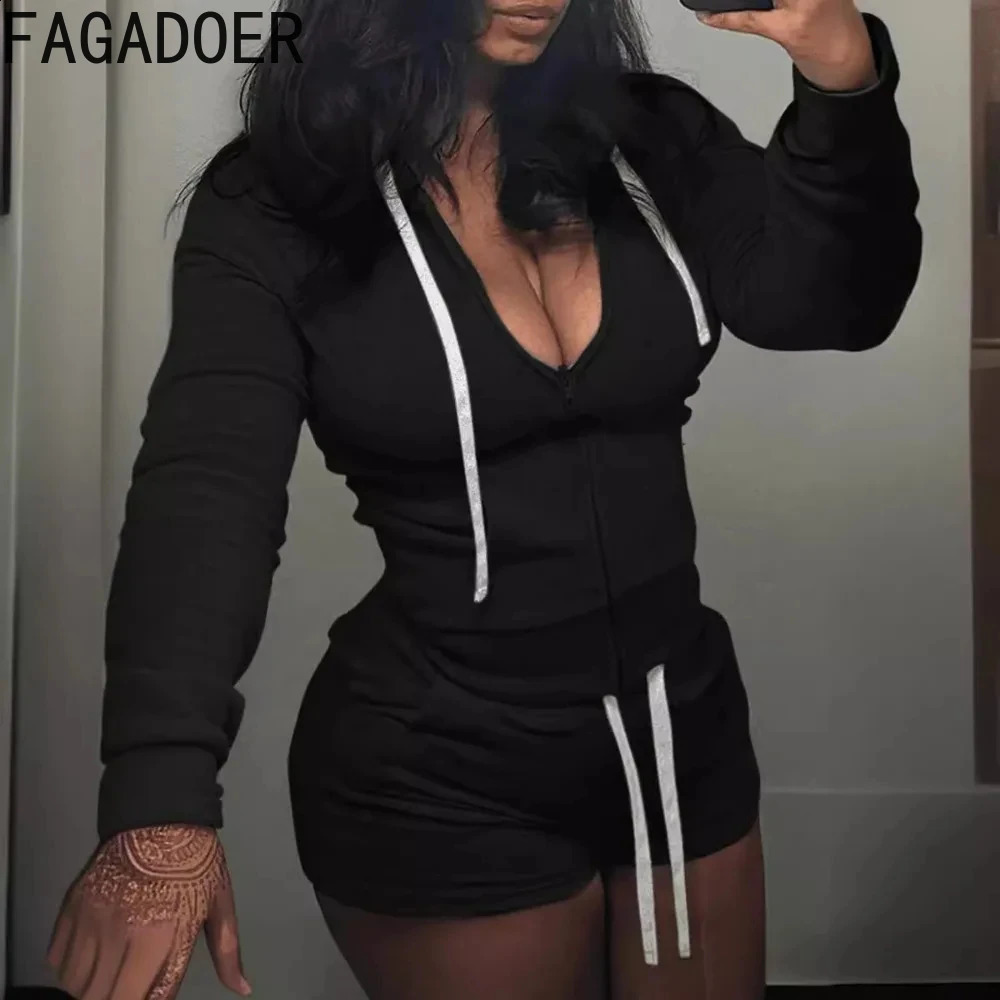 FAGADOER Casual Solid Hooded Zip Shorts Tracksuits Women V Neck Long Sleeve Top And Shorts Two Piece Set Fashion Sporty Outfits 250823
