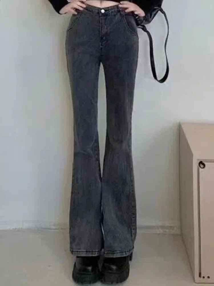 Women Korean Flare Jeans High Waist Elastic Boot Cut Pants Lady Vintage Blue Black Gray Brown Denim Bell Bottom Trousers Z260313