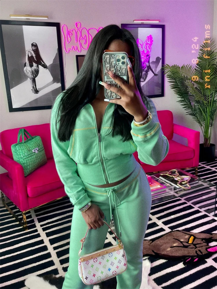 Autumn Long Sleeves Zipper Crop top Suits Tracksuits Womens Suits Casual Pants Blue waffle 2 Piece Sets Sweatshirt 250823 - view 3