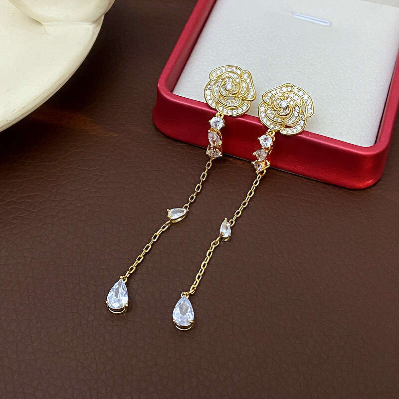 light luxury silhouette long style love rose flowers tassel earring sterling silver camellia flower earrings for women luxury rose gold zircon ear rin