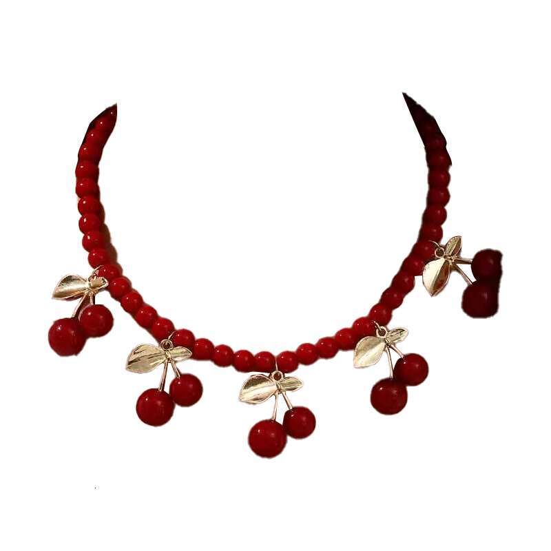Cute summer beaded cherry pendant necklace Exquisite Luxury Necklace for Women Girl Jewelry Silver Pendant Necklaces Valentine's Day Birthday Gif
