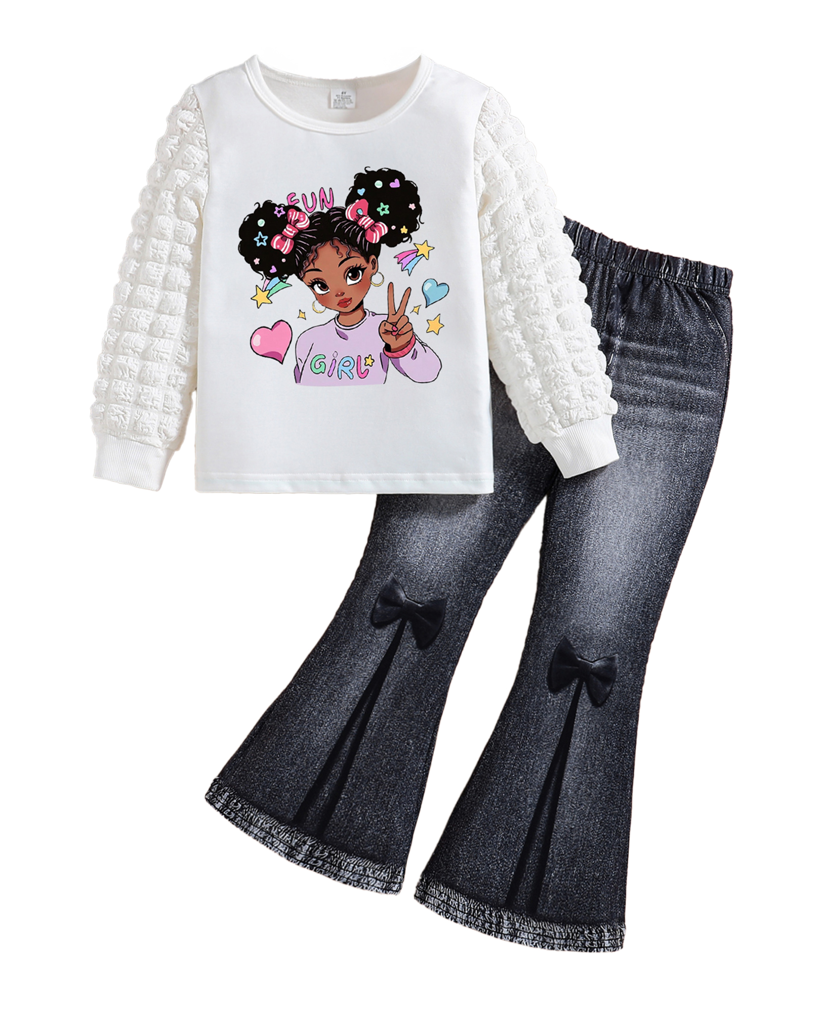 Girls' Set with Round Neck Bubble Sleeve Top & Bell Bottom Denim Pants white top - KJ1C4230A