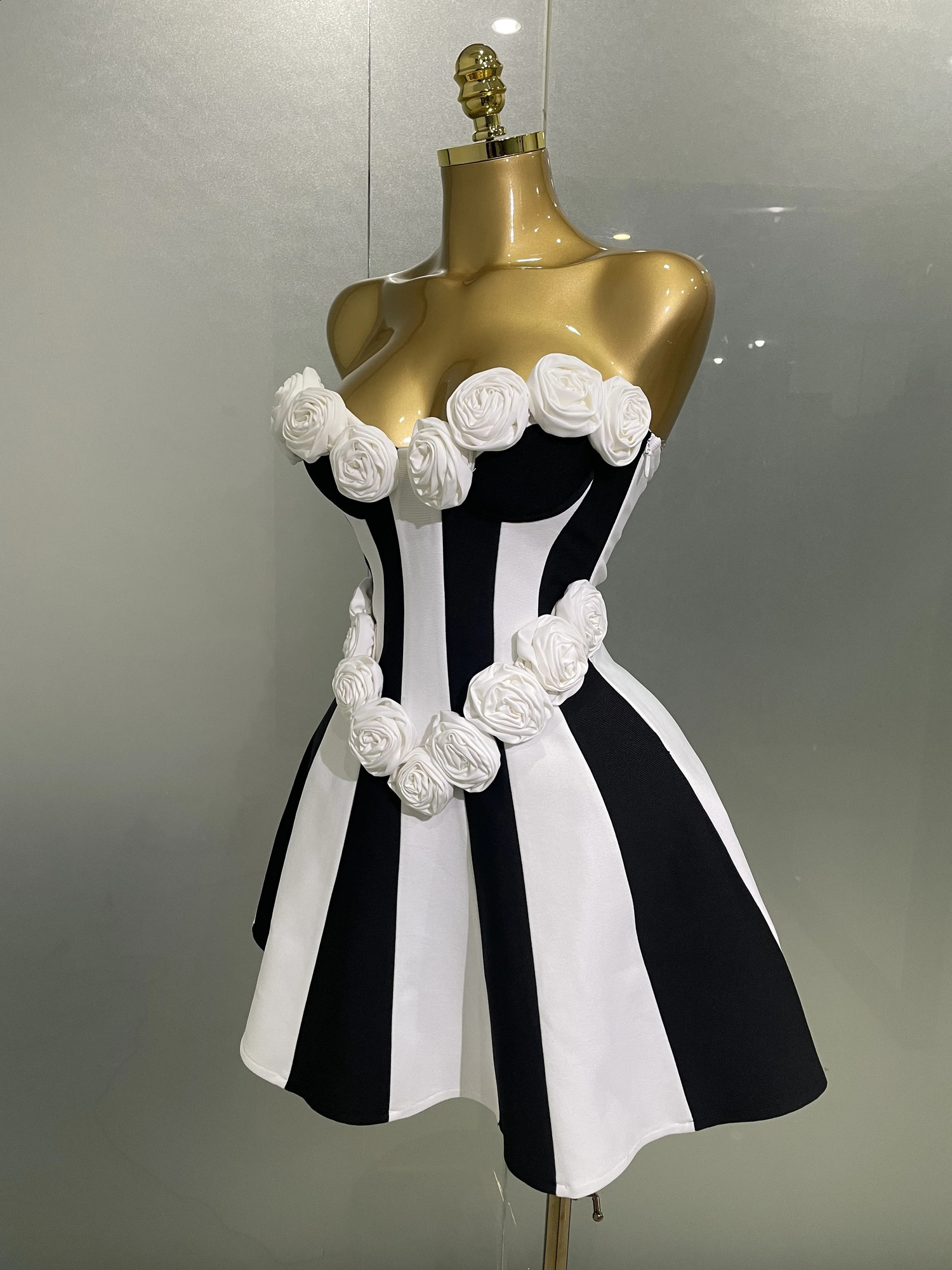 Women Flower Decoration Strapless Black White Stripe Bandage Short Dress Cocktail Party Elegant Evening Club 250823