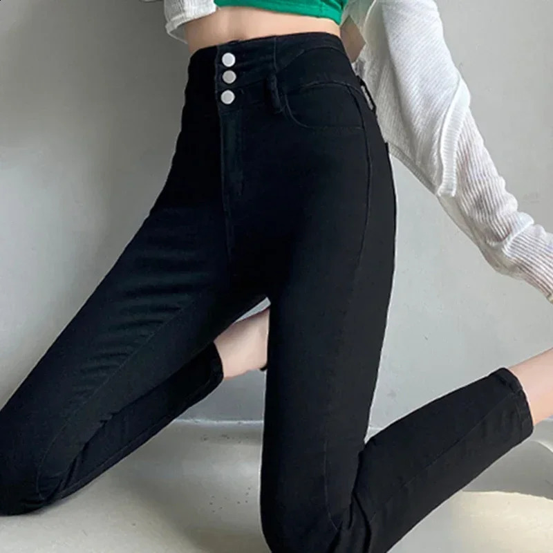 Womens High Waist Stretch Jeans Blue Black Gray Fashionable and Versatile Multibutton Slim Denim Long Pants Female Z260314