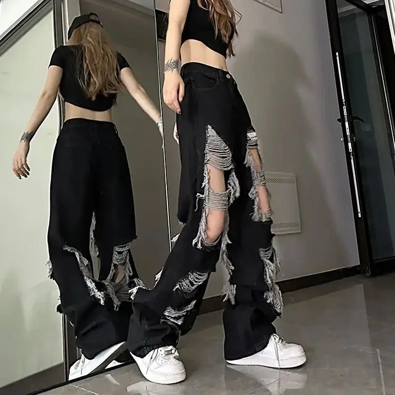 Y2k FrontRear Hole Jeans AllMatch Distressed Women High Strt Hip Hop Waist Straight Loose Trousers Z260313