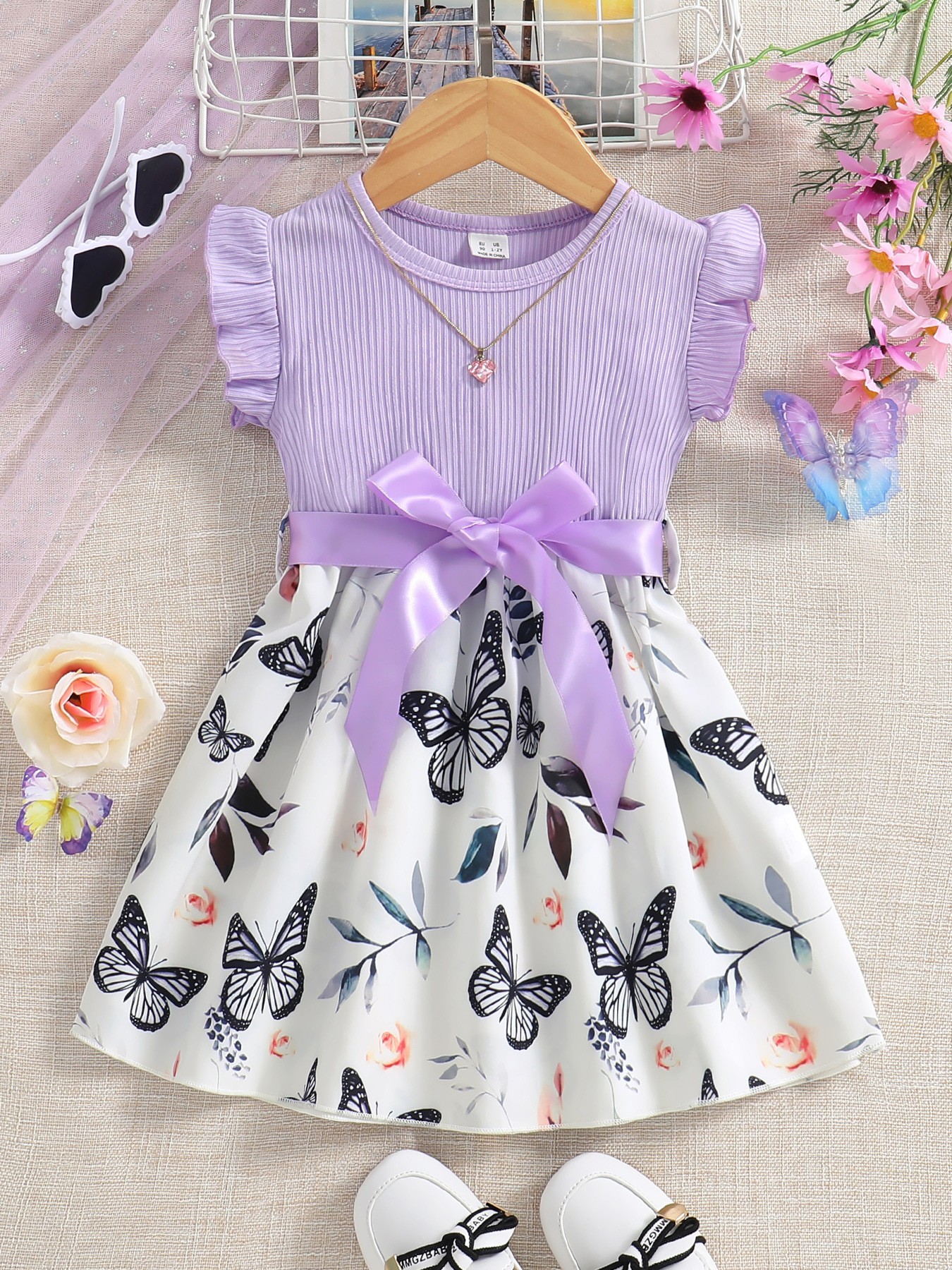 Summer Girls' Floral A-Line Dress with Frilly Sleeves Sweet Butterfly Knot Flower Print Tiered Dresses Purple - KJC8847B