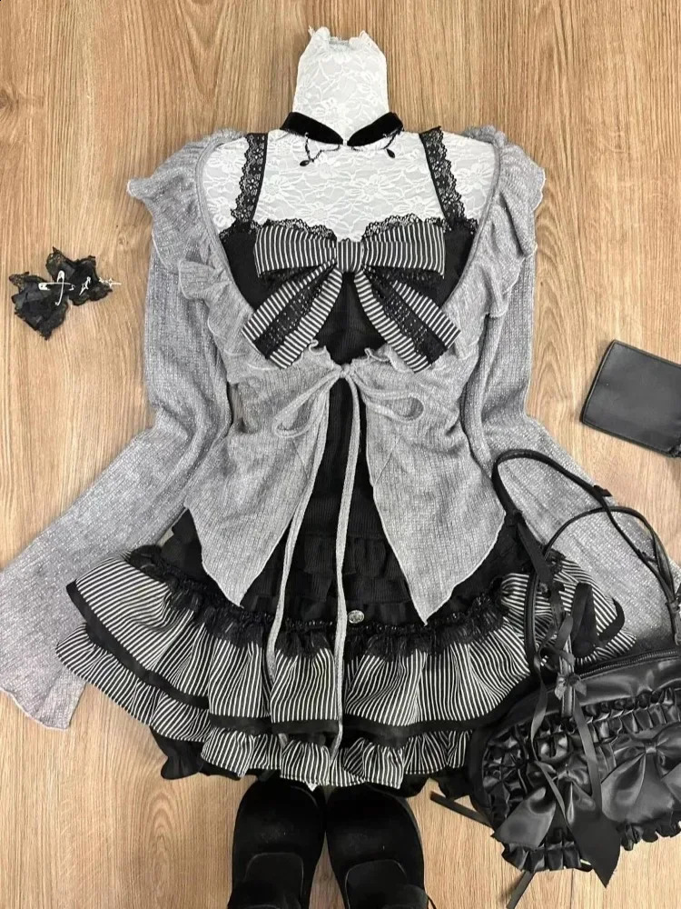 Sweet Lolita Vintage Suit Ruffles Cardigan Sexy Y2k Corset Vest Mini Skirts Autumn Korean Elegant 3 Piece Dress Sets 250823