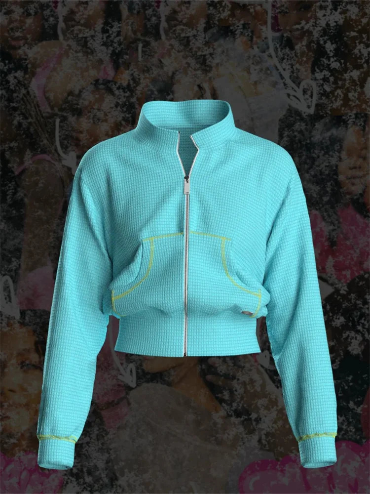 Autumn Long Sleeves Zipper Crop top Suits Tracksuits Womens Suits Casual Pants Blue waffle 2 Piece Sets Sweatshirt 250823 - view 7