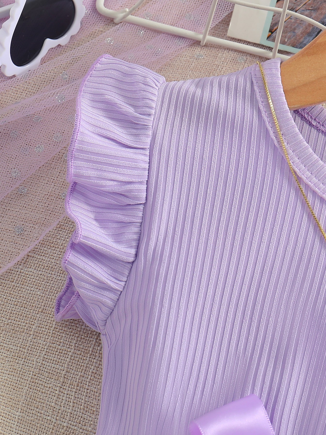 Summer Girls' Floral A-Line Dress with Frilly Sleeves Sweet Butterfly Knot Flower Print Tiered Dresses Purple - KJC8847B