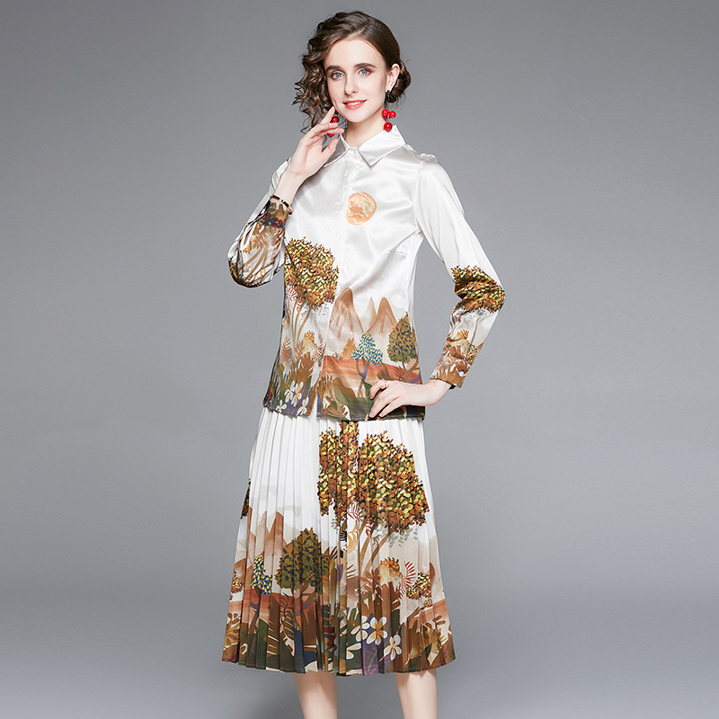 free shipping designer dresses Autumn light luxury fashion set high-end printed loose shirt pleated skirt two-piece set