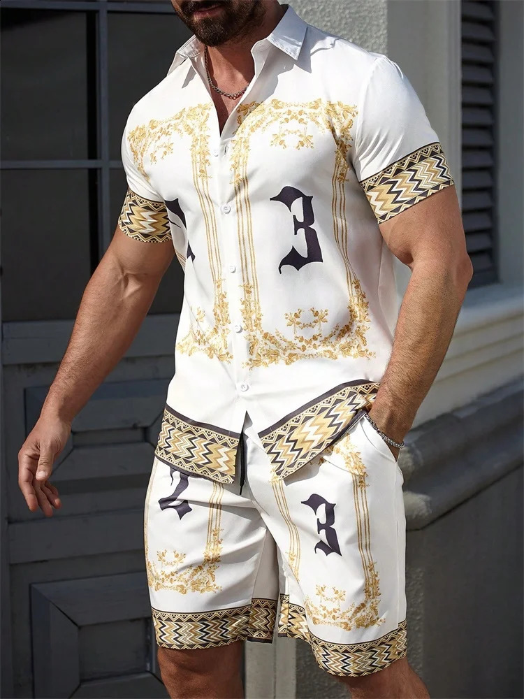 2025 Mens Shortsleeved Shirt Set With Blue Retro Pattern Print For Casual Fashionable And Daily Summer Vacation 250823