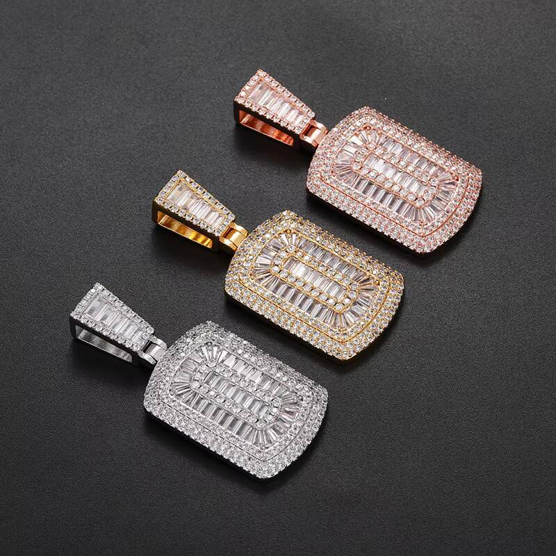 Hip Hop Full Diamond Pendant Charming Baguette Stone Rope Chain Pendant 18K Gold Plated Iced Out Necklace Jewelry