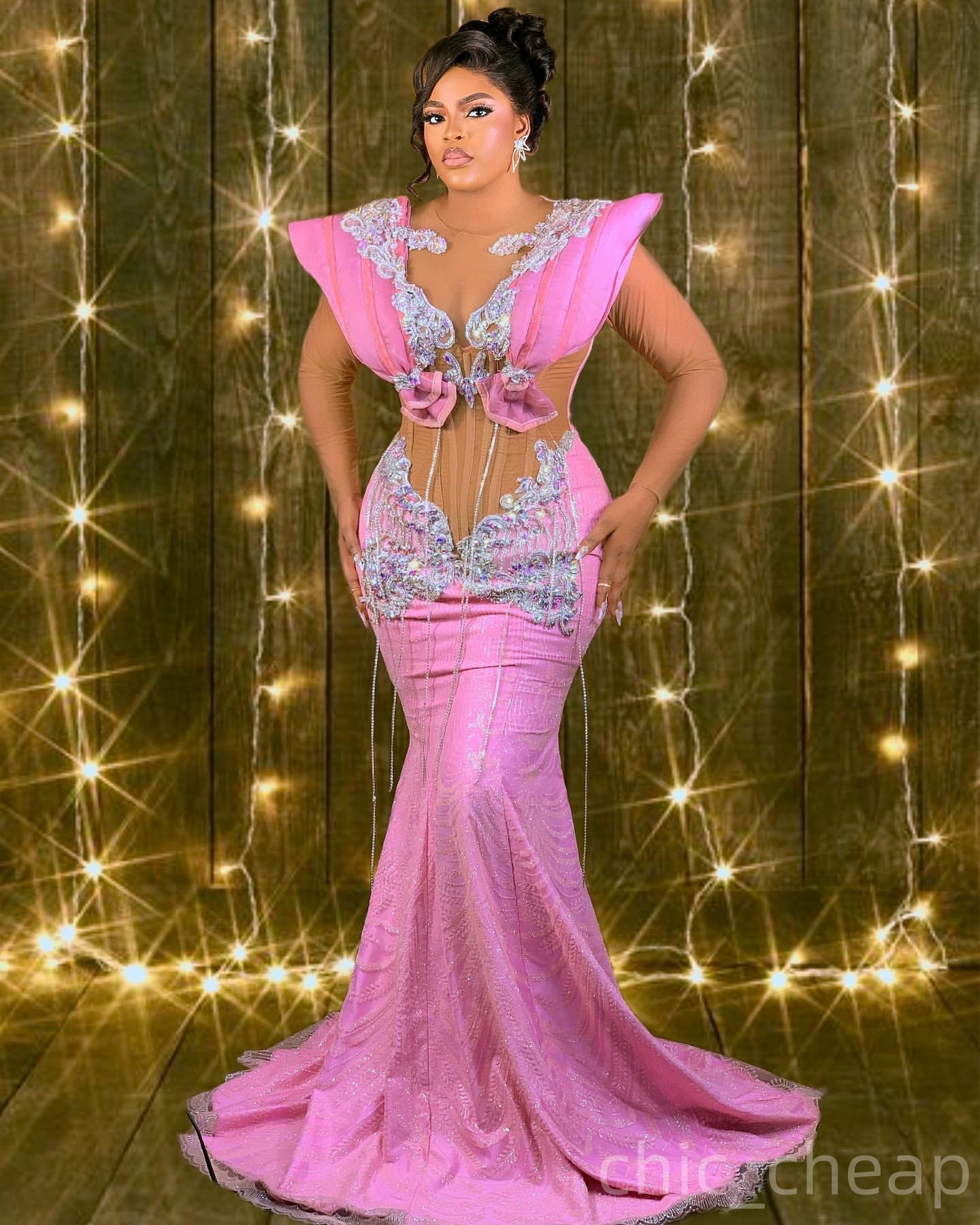 Mermaid Pink Prom Dresses 2025 Crystals Lace Illusion Full Sleeves Evening Formal Party Second Birthday Engagement Gowns Plus Size Dress For Special O