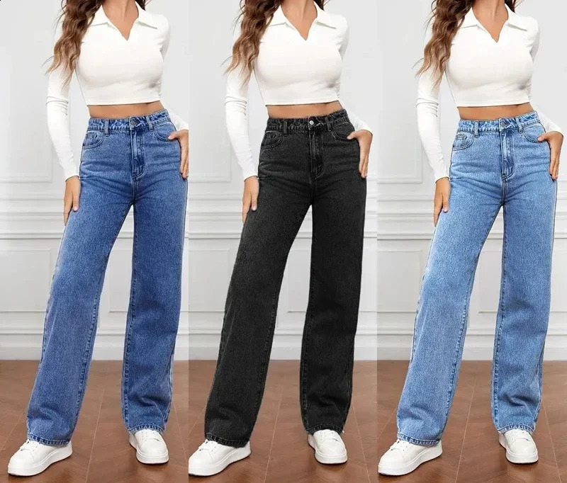 Denim Jeans Women Straight Pants Washing High Waist Loose Pockets Basics Ankle Length Y2k Blue Strtwear Slight Strech Z260313
