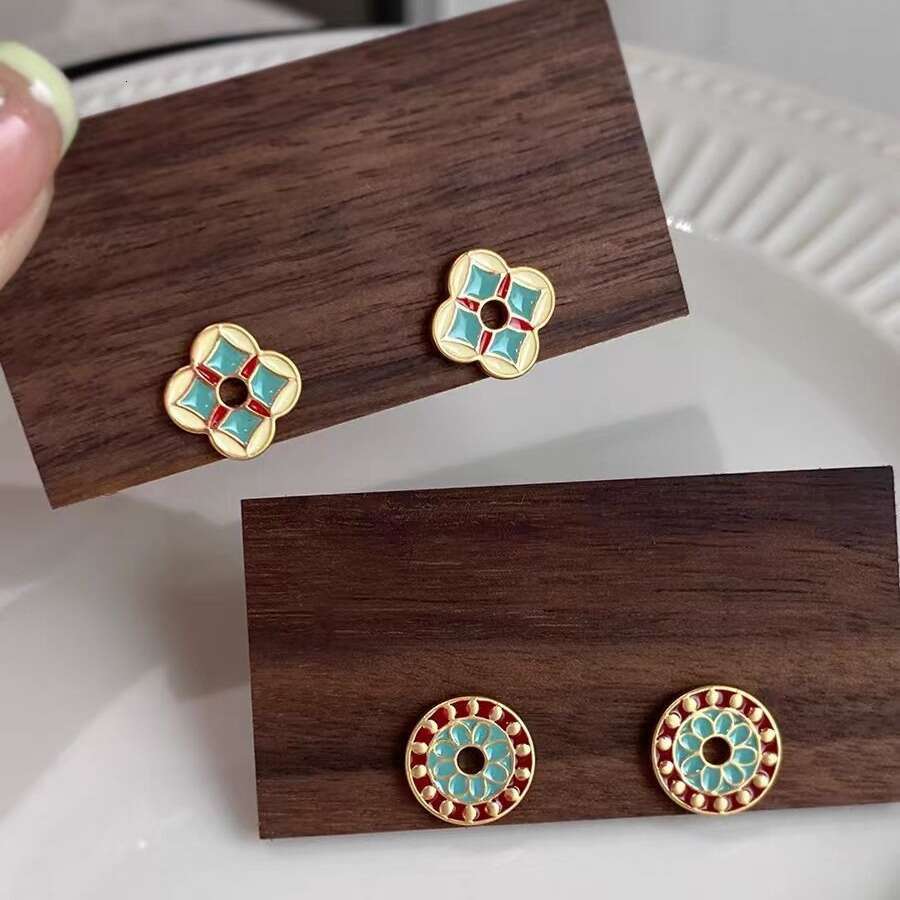 clover earrings French Style Colorful Enamel Oil Drop Geometric Round for Women Exquisite High end Fashion Versatile Earrings