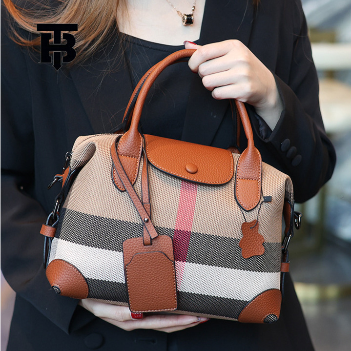 TB BHULAMTE Free Shipping Designer Luxury Women's Plaid Canvas Leather Splicing Versatile Handbag Fashion Flip Shoulder Crossbody Bag Shopping Ba