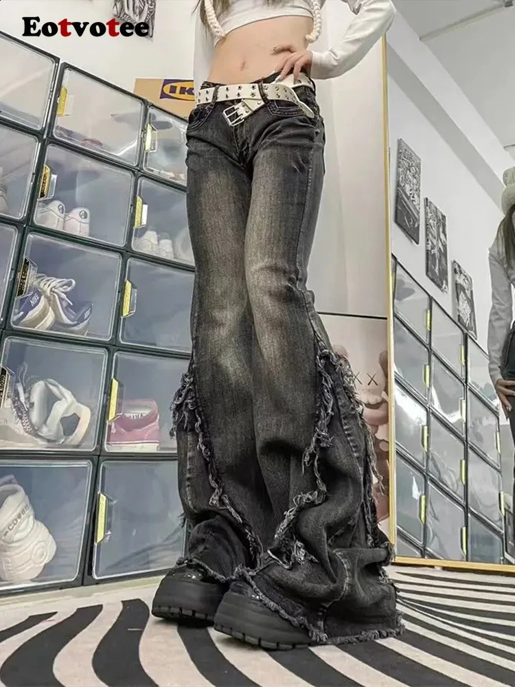 EOTVOTEE American Style Black Washed Flare Jeans Women Y2k Fashion High Waist Straight Pant Casual Wide Leg Z260313