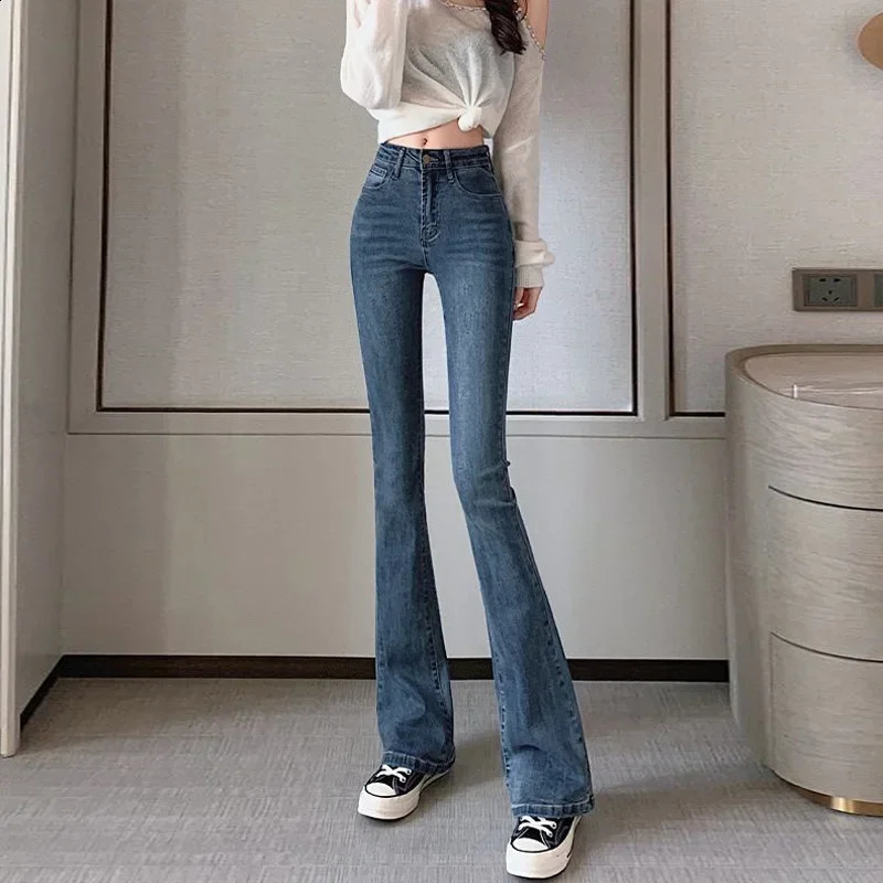 Slimming StraightLeg Denim Jeans Womens AutumnWinter Petite Blue Grey High Elasticity Micro Flare Shaping Smooth Silhouette Z260313