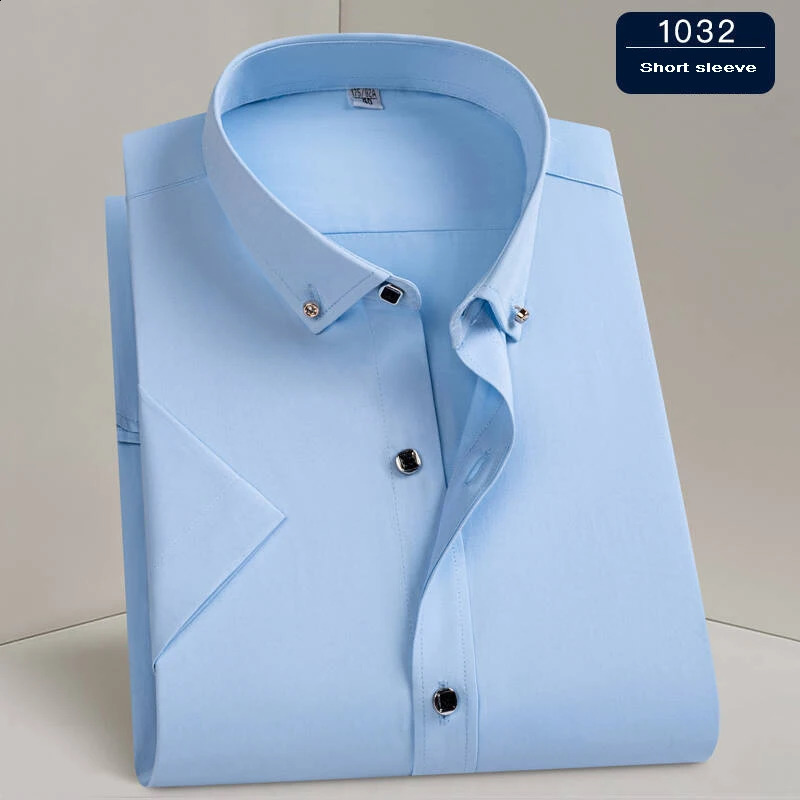 Mens Dress Shirt Formal Thin Business Classic Basic Diamond Button Social White Shirt Short Sleeve Men Clothing 250823