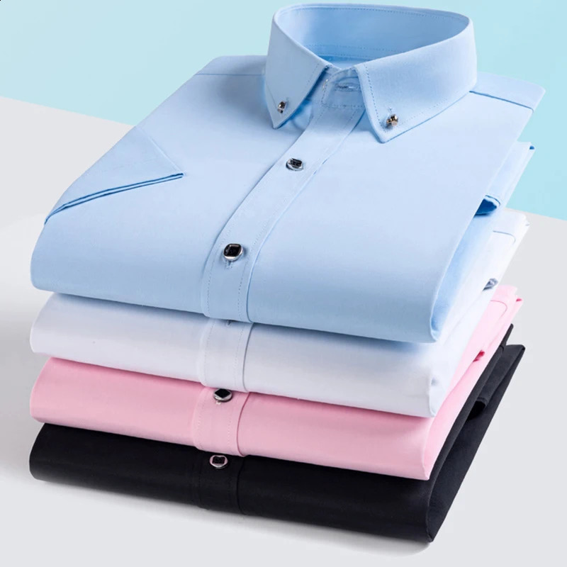 Mens Dress Shirt Formal Thin Business Classic Basic Diamond Button Social White Shirt Short Sleeve Men Clothing 250823